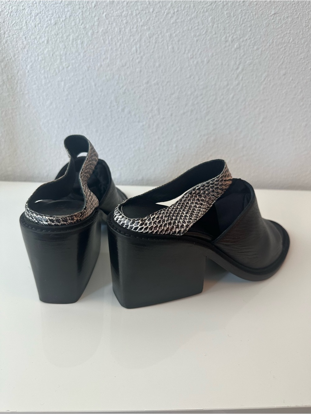 Helmut Lang Black Leather Mules with black and white Snake-Print Strap (unworn)
